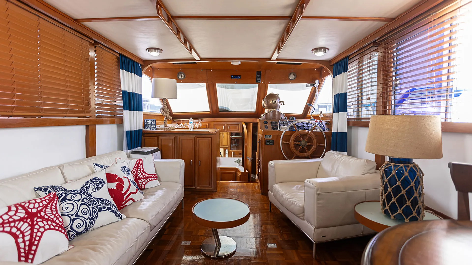 Main cabin lounge aboard the Southern Wonder luxury yacht