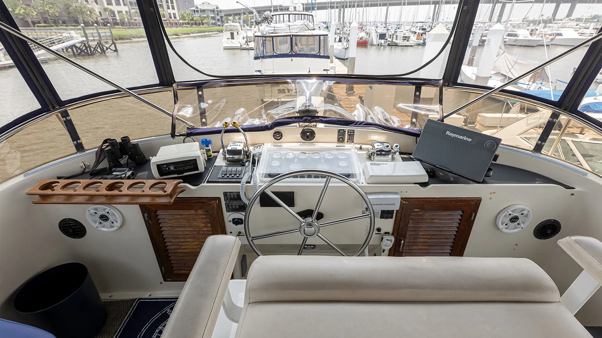 Captain's helm and steering station aboard Southern Wonder Yacht