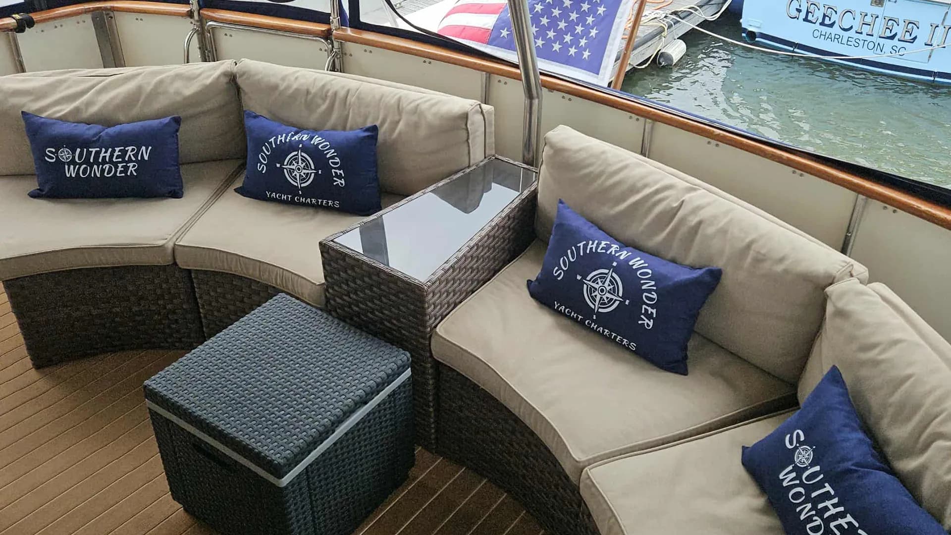 Aft deck lounge with comfortable outdoor seating on Southern Wonder Yacht